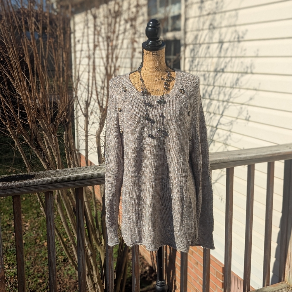 Heathered Tan/Brown Knit Sweater with Button Accents